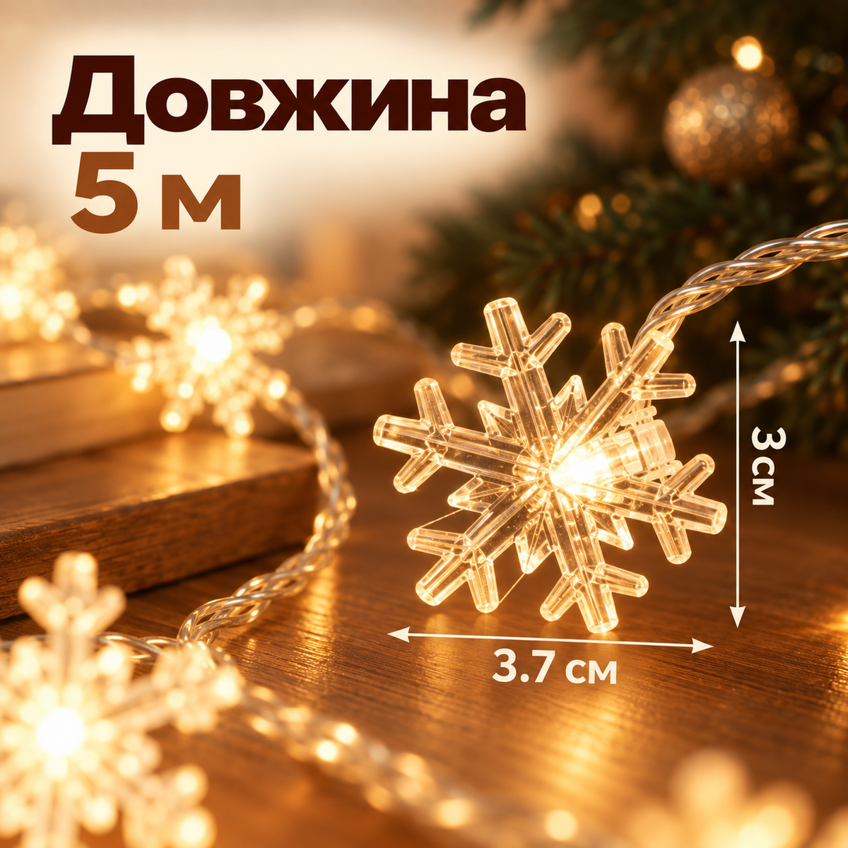 Гірлянда зі сніжинками 5 м, 40 світлодіодів, живлення від 3 батарейок AA-thumbmail-5