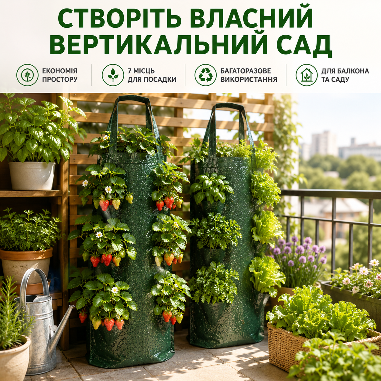 Підвісний багаторазовий мішок для вирощування полуниці, зелені та квітів, 8 посадкових отворів, 70×25 см, зелений-thumbmail-7