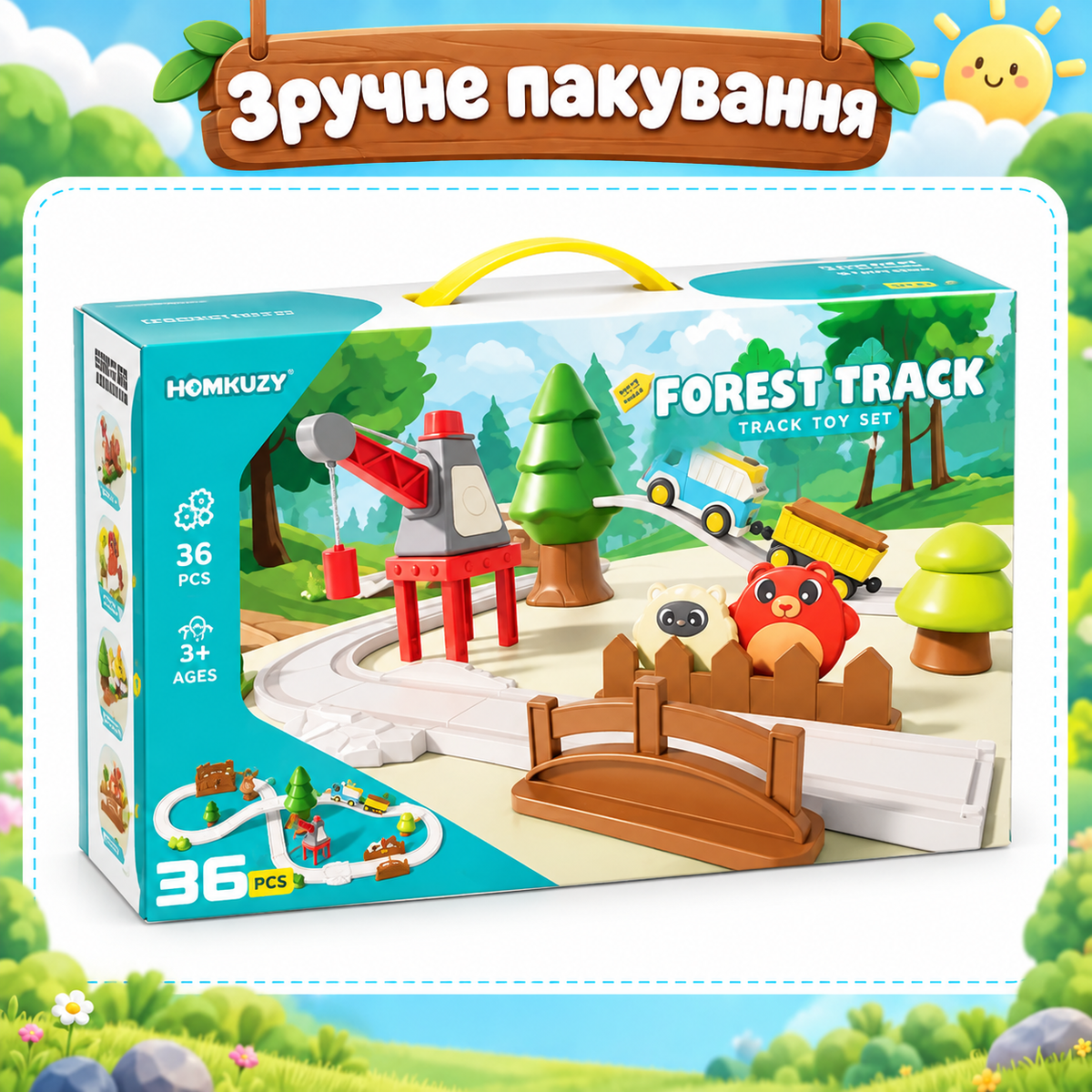 Залізниця ігровий набір Ліс FOREST TRACK, 36 деталей з електромобілем і причепами, траса 85,3 × 52,4 см-thumbmail-7