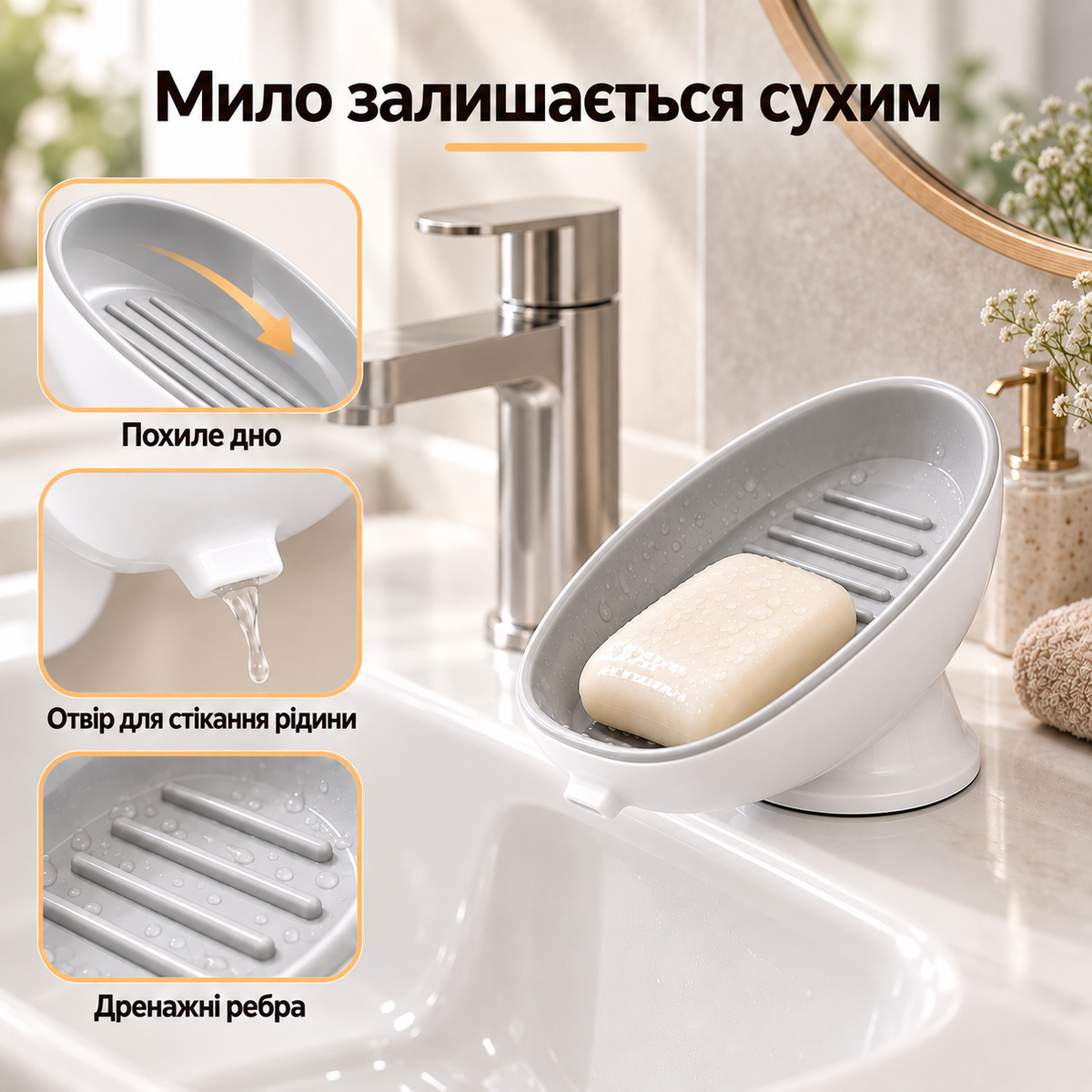 Мильниця на вакуумній присосці з дренажем, для кускового мила, встановлення без свердління, біло-сіра-thumbmail-3