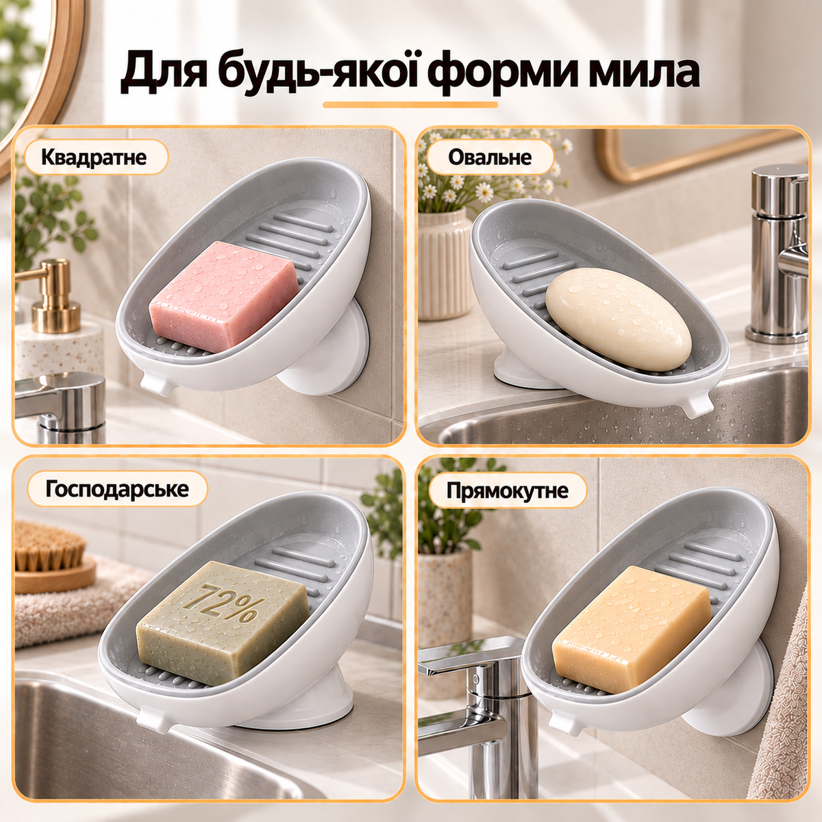 Мильниця на вакуумній присосці з дренажем, для кускового мила, встановлення без свердління, біло-сіра-thumbmail-4