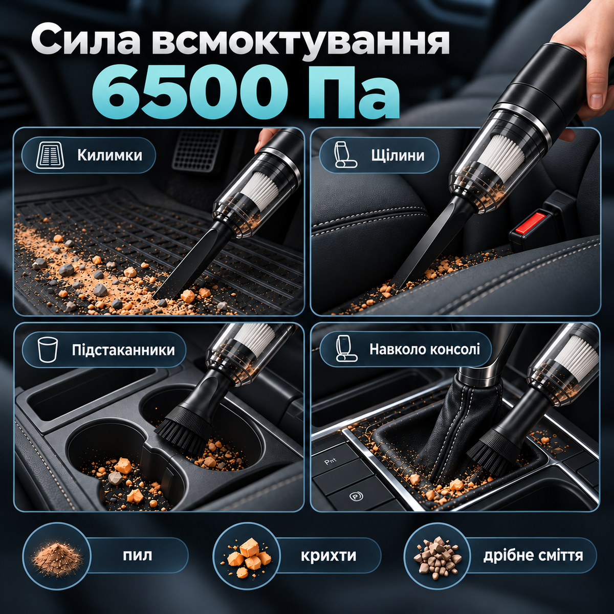 Пилосос автомобільний ручний акумуляторний з реверсним режимом видування 6500 Па USB Type-C-thumbmail-3