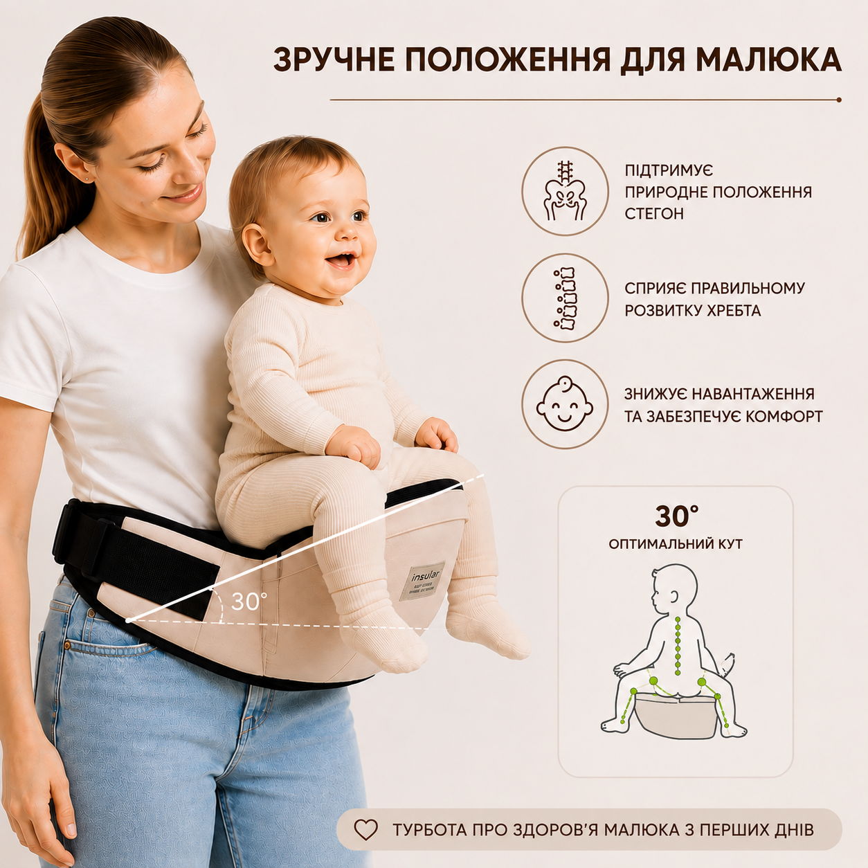 Дитячий хіпсіт-переноска ергономічний, для дітей від 3 до 18 місяців, до 15 кг, з боковими кишенями, бежевий-thumbmail-4