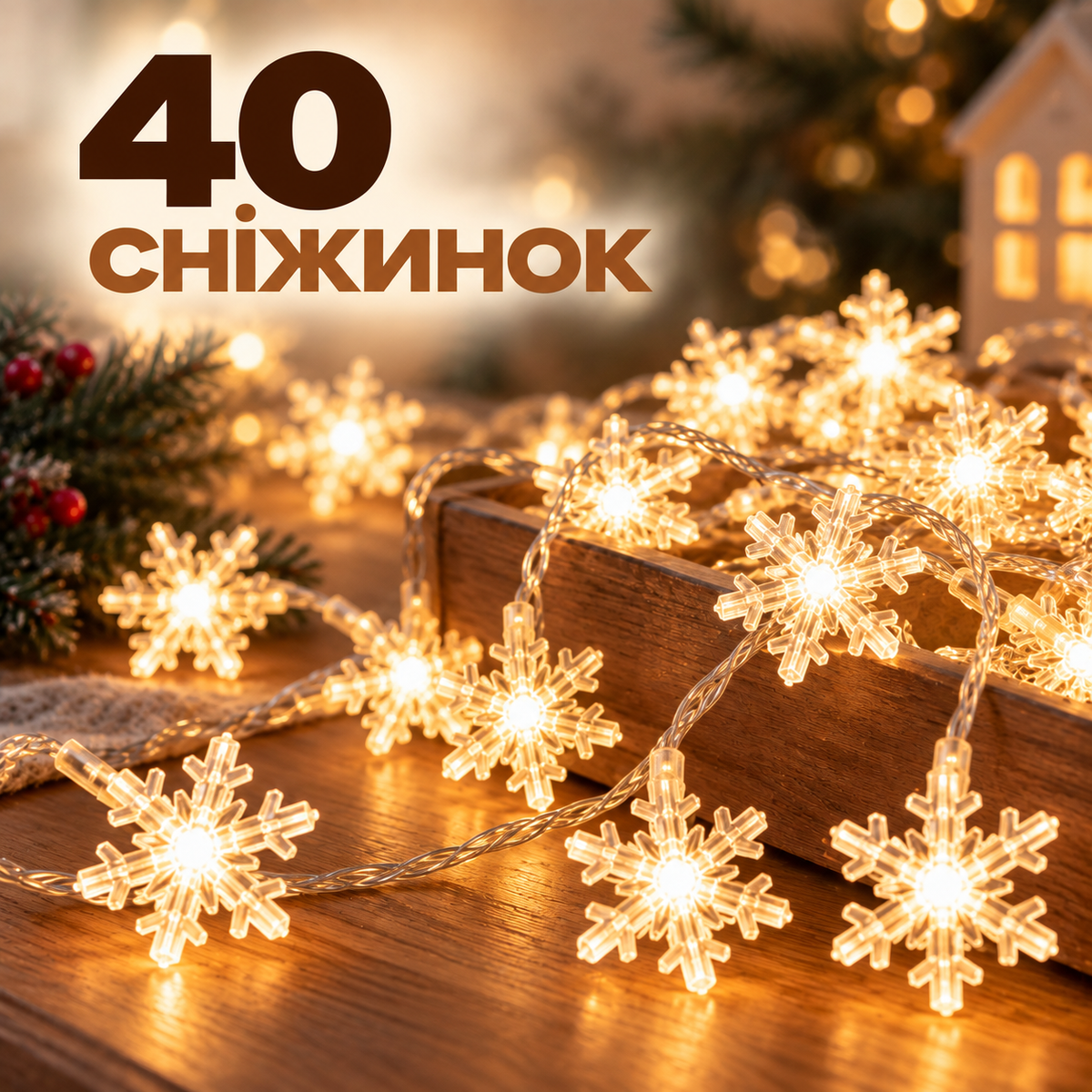 Гірлянда зі сніжинками 5 м, 40 світлодіодів, живлення від 3 батарейок AA-thumbmail-7