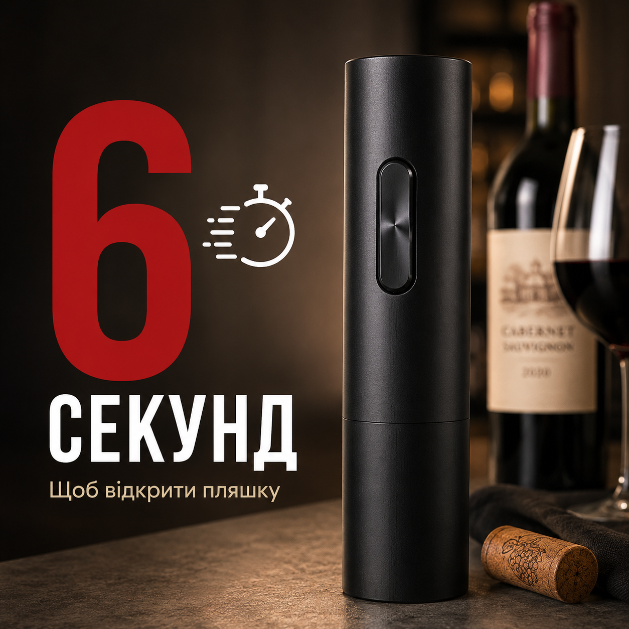 Електричний штопор для вина 5 в 1 з аератором, вакуумною пробкою, ножем для фольги та підставкою, чорний-thumbmail-3