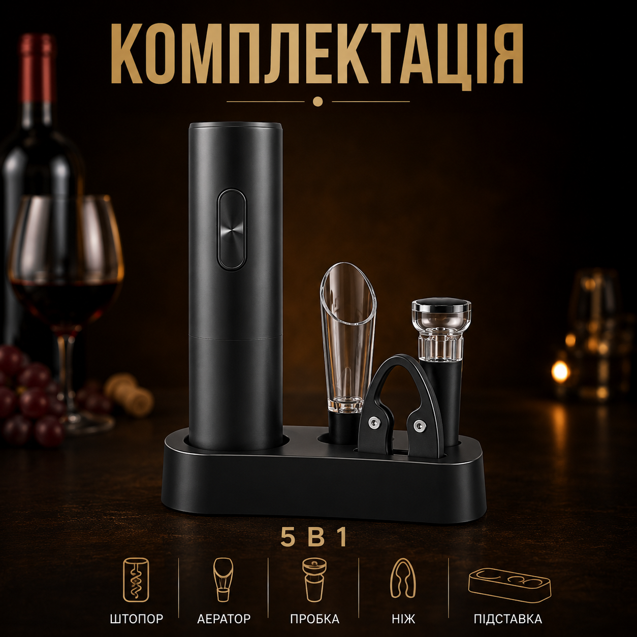 Електричний штопор для вина 5 в 1 з аератором, вакуумною пробкою, ножем для фольги та підставкою, чорний-thumbmail-8