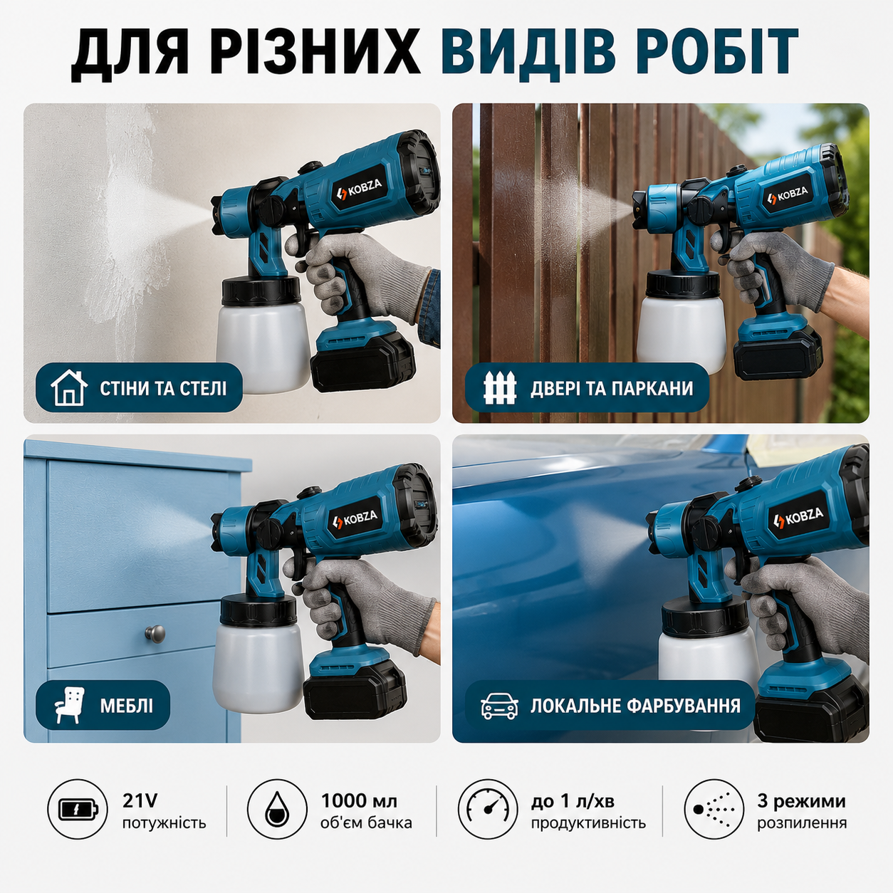 Акумуляторний фарбопульт KOBZA 21V з бачком 1000 мл, регулюванням розпилення та подачі матеріалу-thumbmail-8