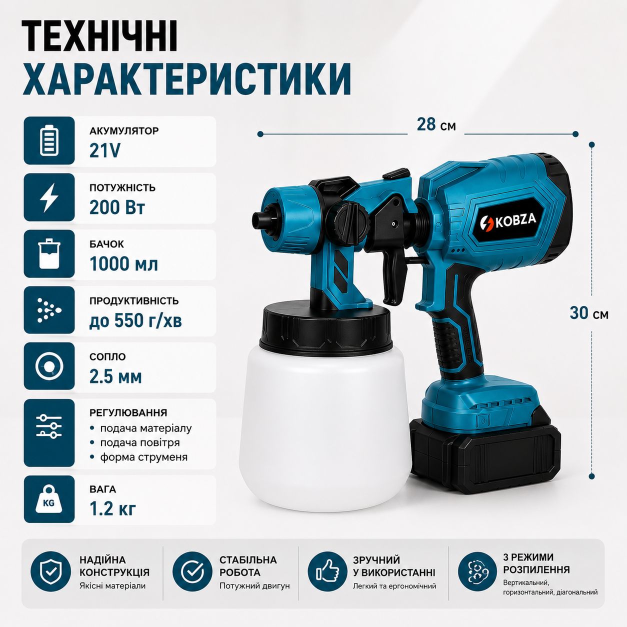 Акумуляторний фарбопульт KOBZA 21V з бачком 1000 мл, регулюванням розпилення та подачі матеріалу-thumbmail-10